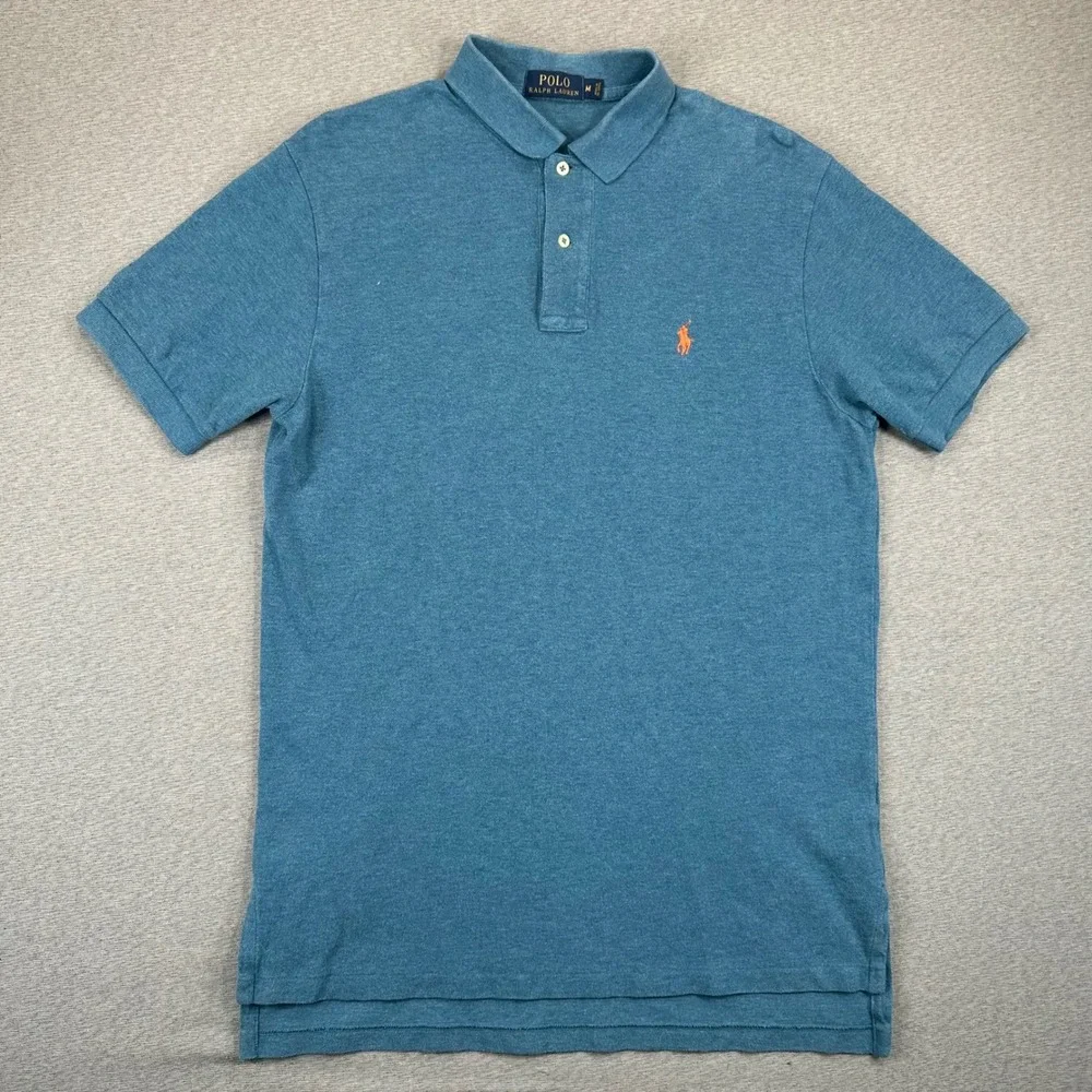 Ralph Lauren Polo Shirt Mens Medium Teal Blue Heathered Cotton Pique Mesh Preppy
